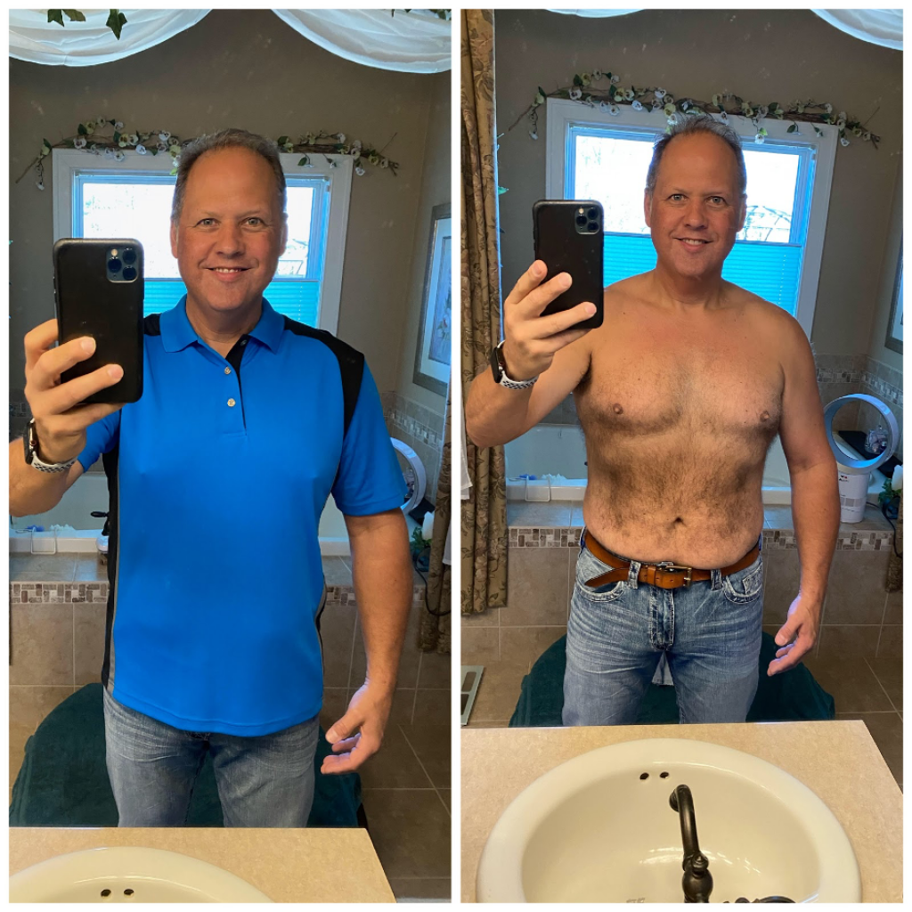 after results of a middle aged man after taking hormone balancing therapy treatment. He is significantly smaller in the chest and stomach.